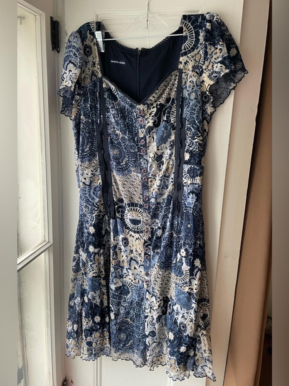Marie Claire | Whimsical Vintage Blue & Cream Printed Dress